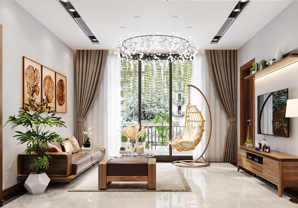Thiết kế phòng khách tinh tế với nội thất gỗ, đèn chùm, cây xanh và đầy ánh sáng tự nhiên