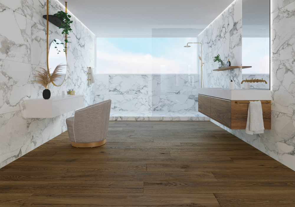 Mẫu gạch ốp tường vân đá kết hợp hài hòa cùng sàn gỗ trong phòng tắm