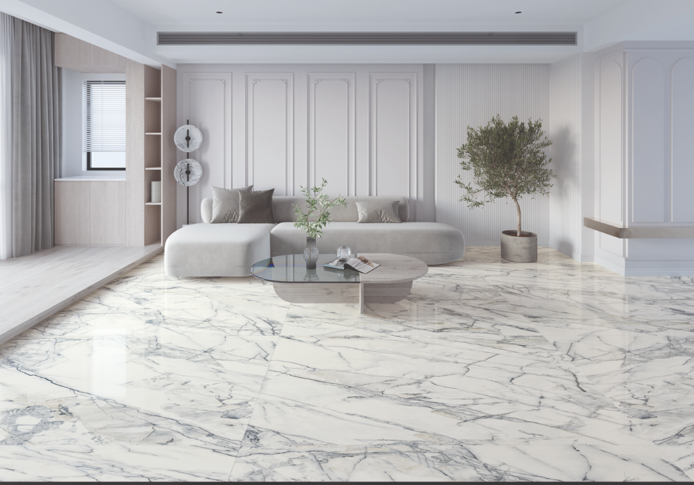 Không gian phòng khách tinh tế với gạch vân đá marble