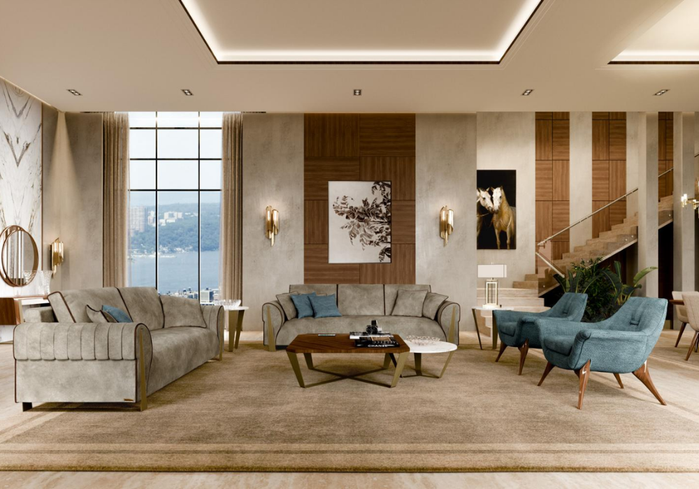 Mẫu thiết kế nội thất luxury cho phòng khách với điểm nhấn là bộ ghế sofa độc đáo