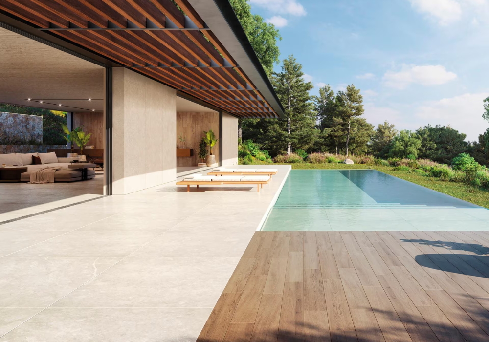Gạch vân đá stone kết hợp cùng gạch vân gỗ tạo điểm nhấn độc đáo, mới mẻ