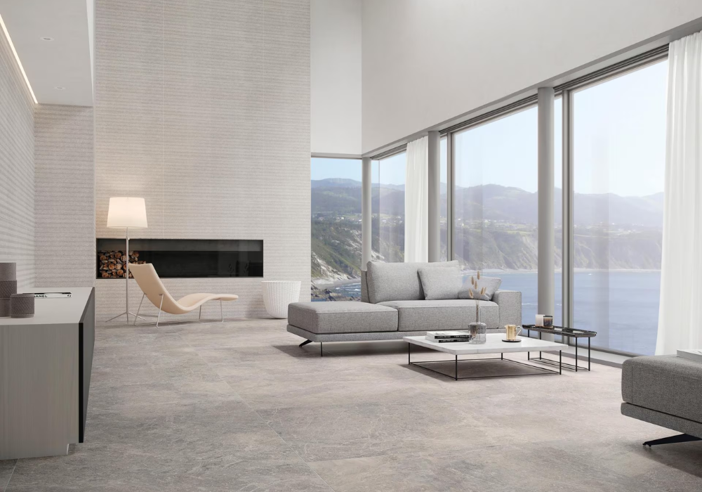 Phòng khách hiện đại với gạch vân đá stone