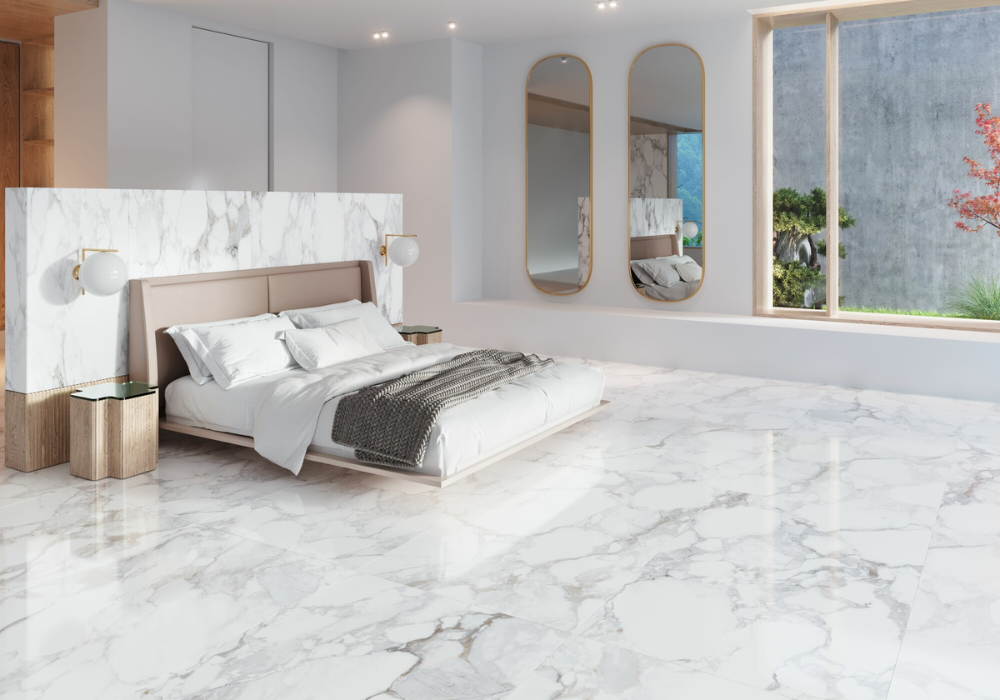 Gạch marble trắng tinh tế ốp lát phòng ngủ