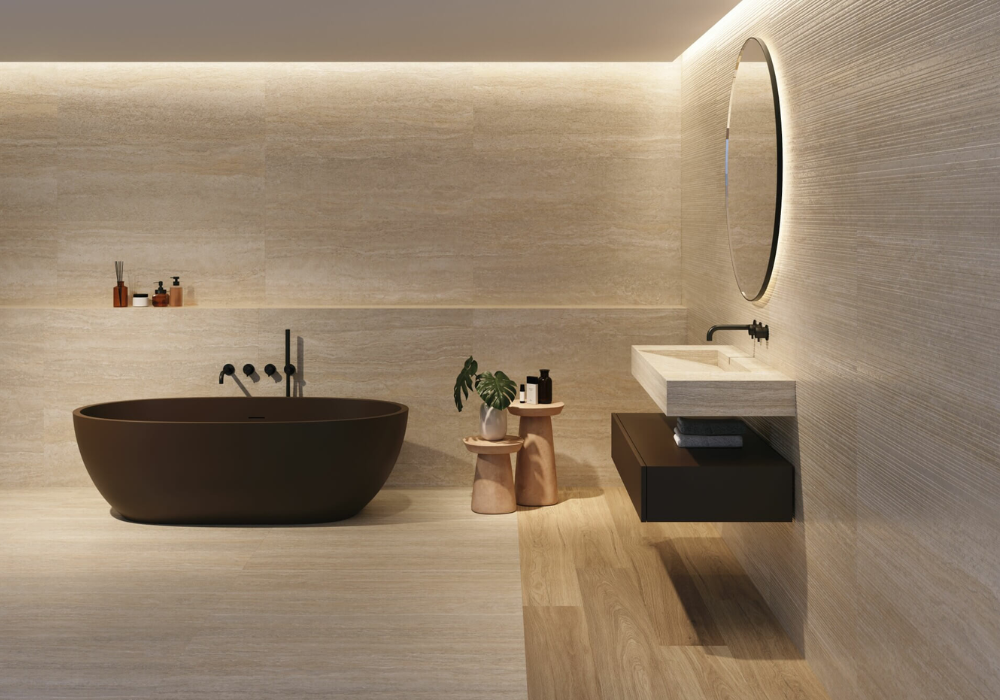 Gạch lát nhà tắm hiệu ứng vân đá travertine