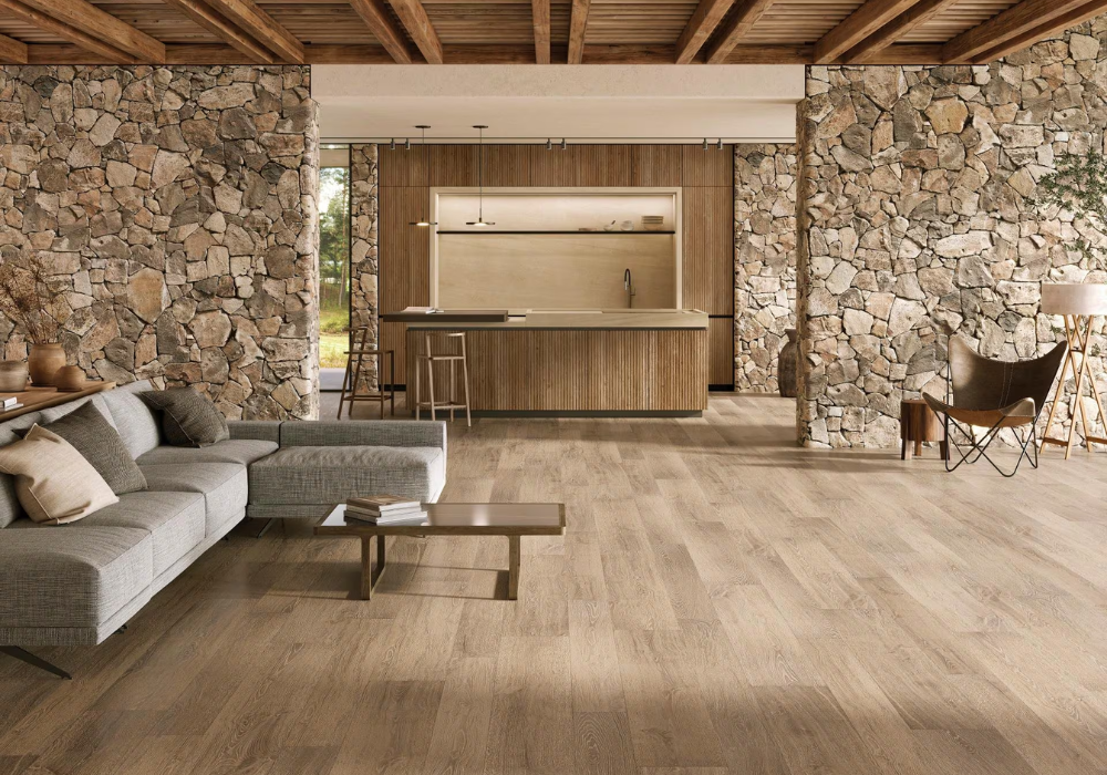 Gạch vân gỗ mang vẻ đẹp ấm ấm, tự nhiên của gỗ vào không gian bếp