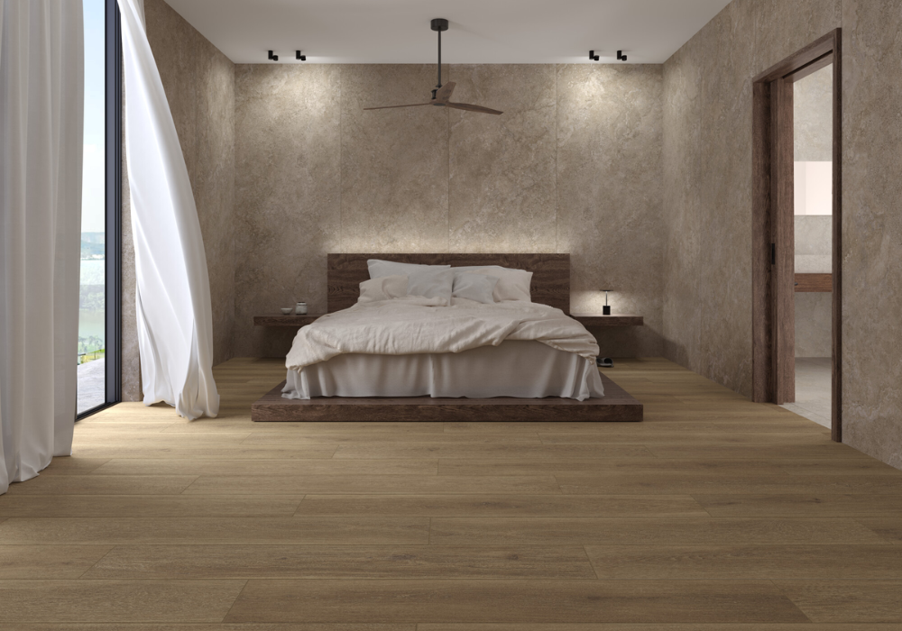 Gạch vân gỗ và gạch hoa văn đơn giản đặc biệt phù hợp với phòng ngủ