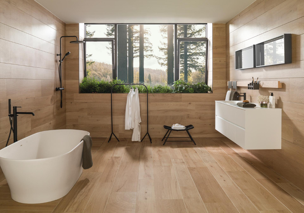 Gạch ốp lát vân gỗ mang vẻ đẹp ấm áp của thiên nhiên vào phòng tắm