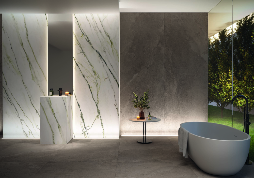 Gia chủ cũng có thể kết hợp gạch vân đá marble và gạch vân đá stone trong thiết kế phòng tắm