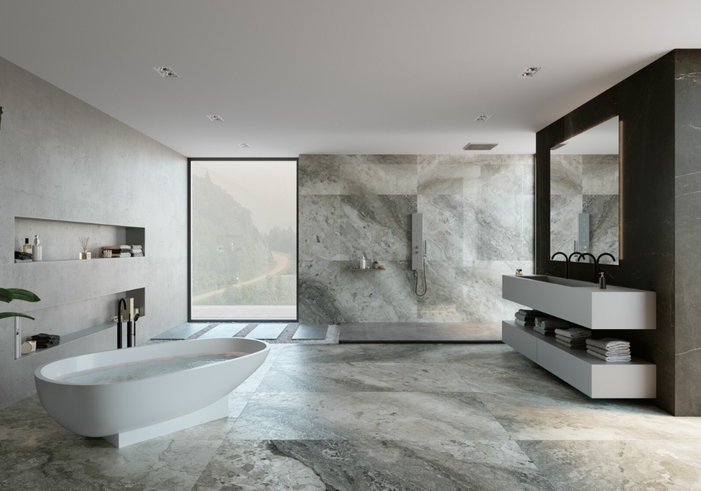 Đồng bộ gạch ốp tường và lát sàn giúp mở rông không gian phòng tắm