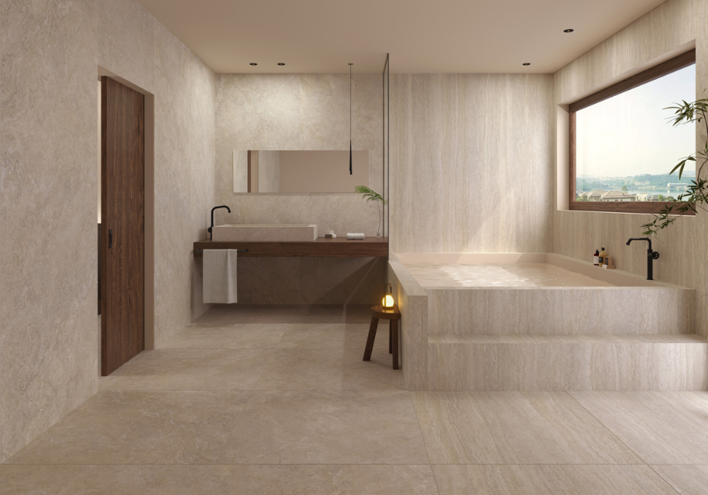 Mẫu gạch vân đá travertine cho phòng tắm