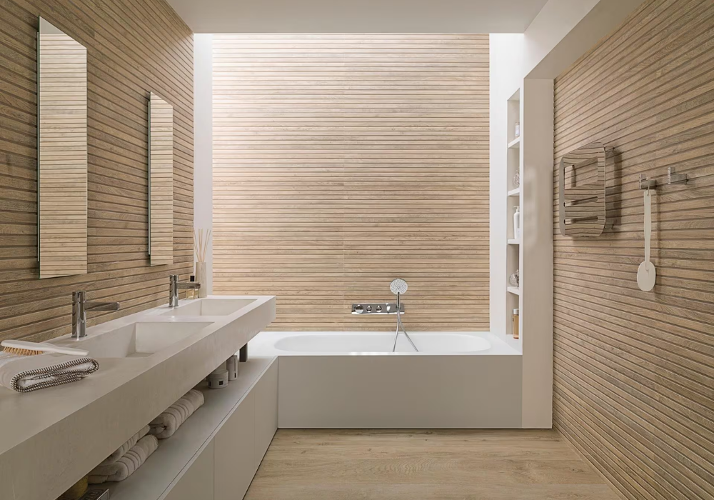Gạch vân gỗ tạo cảm giác ấm áp cho phòng tắm