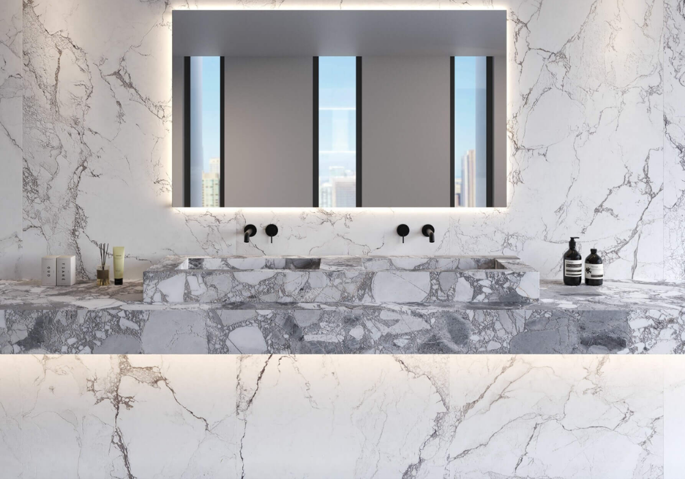 Ngoài ốp tường, gạch vân đá cũng có thể làm bề mặt nội thất phòng tắm