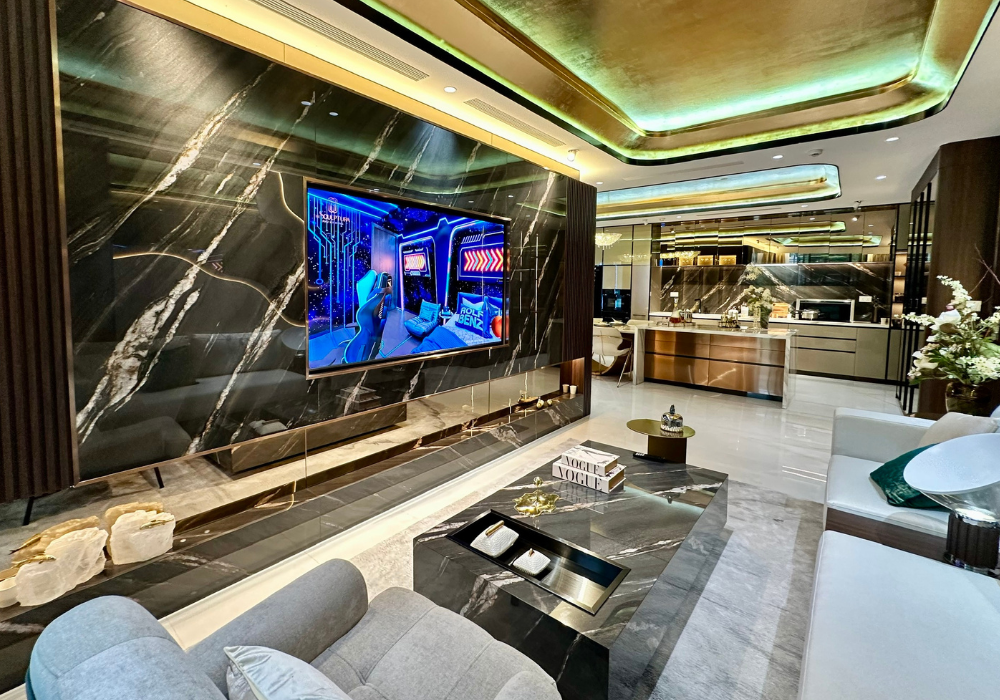 Đá SapienStone cho vách tivi và bàn cafe trong phòng khách